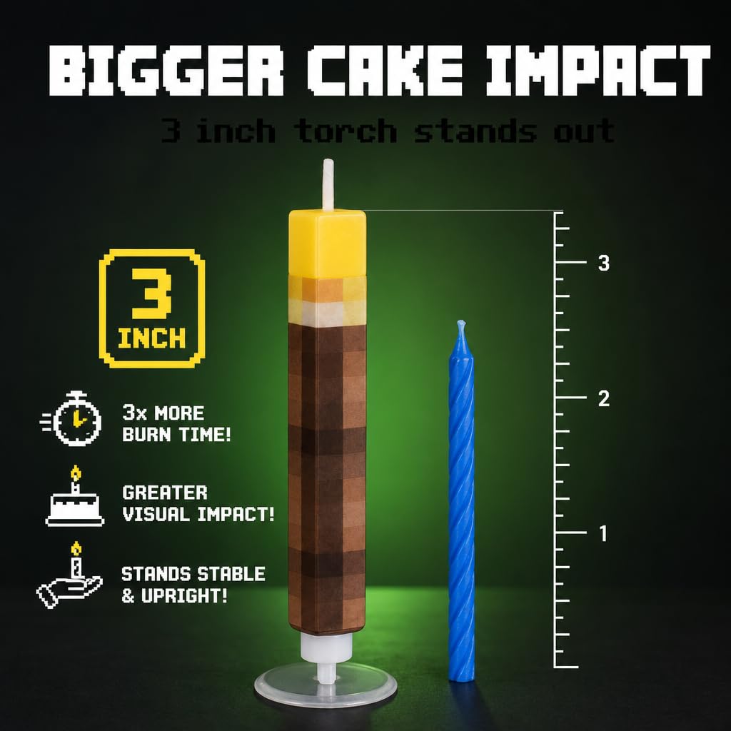 Camtoms Birthday Candles (8 Pack) - Large 3-Inch Cake Toppers - Birthday Cake Decorations for Boys - Novelty Gaming Themed Pixel Torch Candle Set for Level Up Celebration