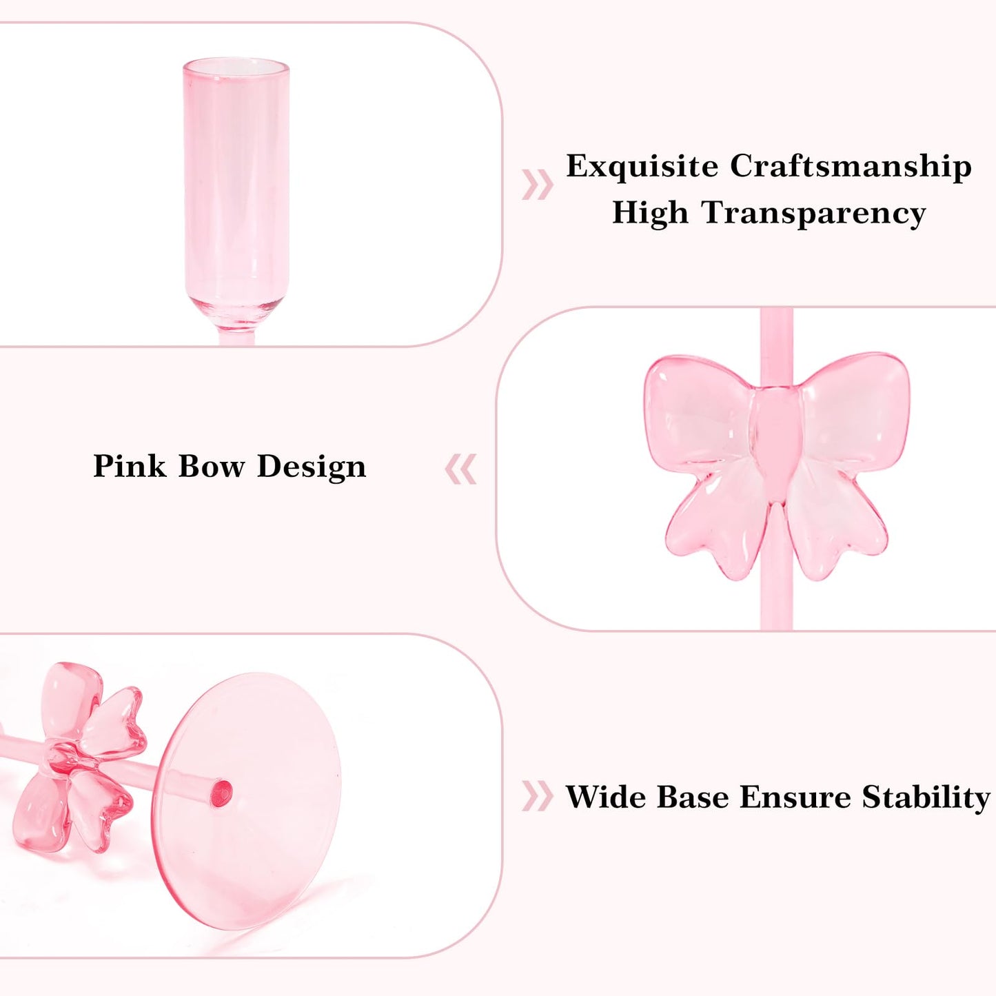 JarThenaAMCS 3Pcs Valentine's Day Glass Pink Bow Candle Holder Coquette Candle Stick Holder Stand for Home Room Party Dining Table Centerpiece Baby Shower Girls Birthday Decorations