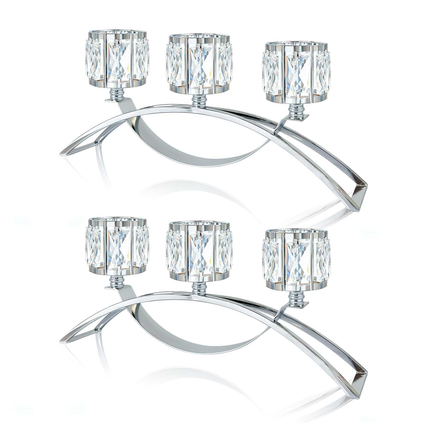 KEHAIL 3 Arms Crystal Candle Holders, Arch Candlestick Table Candelabras Centerpieces for Wedding, Dinning Room, Cabinet Ornaments, Home Decoration， Gift (Silver, 2 Pcs-3 Arm Arched)