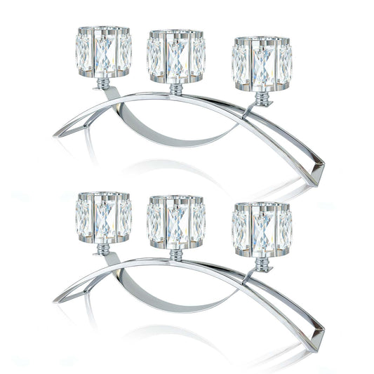 KEHAIL 3 Arms Crystal Candle Holders, Arch Candlestick Table Candelabras Centerpieces for Wedding, Dinning Room, Cabinet Ornaments, Home Decoration， Gift (Silver, 2 Pcs-3 Arm Arched)