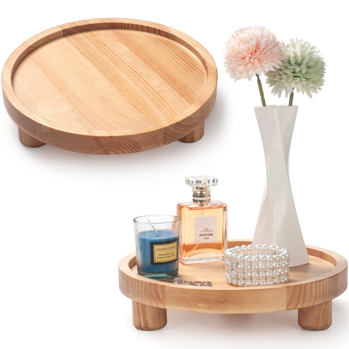 DEAMACE 2 Pcs Wood Riser for Display, Round Wooden Tray Decor, Farmhouse Pedestal Stand, Decorative Riser Tray for Kitchen or Bathroom Counter, Natural