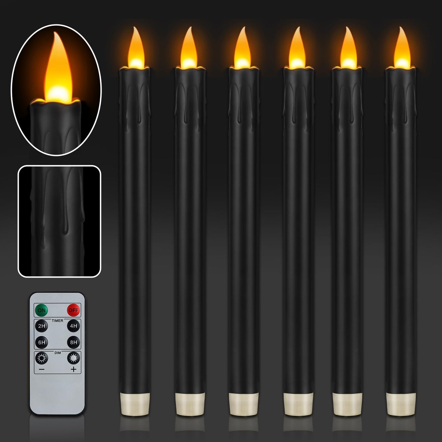 wemarry 6 Pcs Black Flameless Taper Candles with Remote, 10" Tall Electric Led Candlesticks, Plastic Battery Operated Taper Candles for Halloween Dinner Party Wedding Birthday Home Décor(Black Drip)