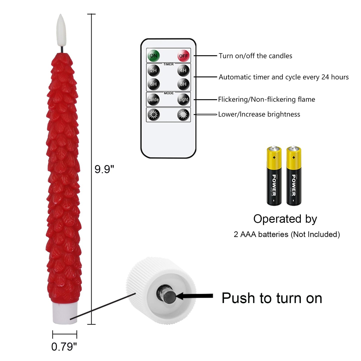 DRomance Christmas Tree Flameless Taper Candles Battery Operated with 10-Key Remote and Cycle Timer 4 Pack Real Wax 3D Wick Flickering LED Candlesticks Holiday Decor(Red, 0.79 x 9.9 Inch)