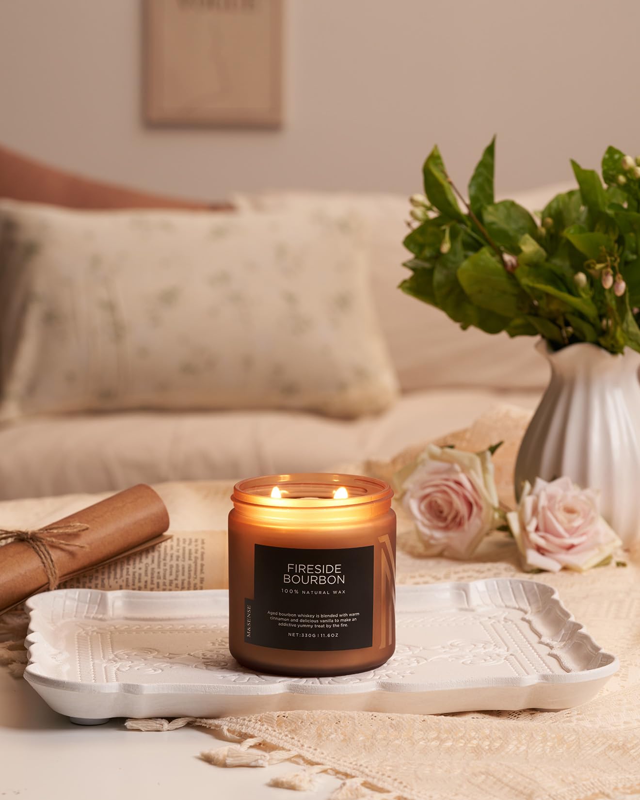 M&SENSE Fireside Bourbon Candles Home Scented, Non Toxic Soy Wax 11.6oz 70 Hours Long Clean Burning, 2 Wick Campfire Candle Cozy Winter Home Decor, Housewarming Gifts for Women Men