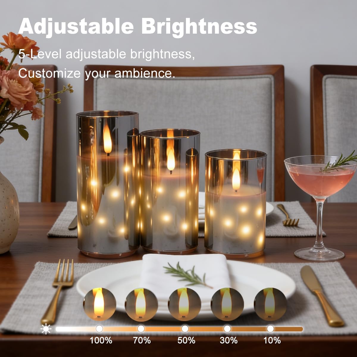 LEDHOLYT Rechargeable Glass LED Flameless Candles, Embedded Star String Flickering Flameless Candles for Romantic Ambiance and Home Decoration with Remote & Timer(Gray)