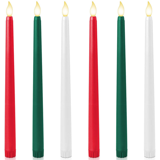 Baquler 6 Pcs 11'' Christmas Flameless Taper Candles Green Red White Battery Operated Candles LED Plastic Flickering Candlesticks for Christmas Wedding Church Dinner Home Decor