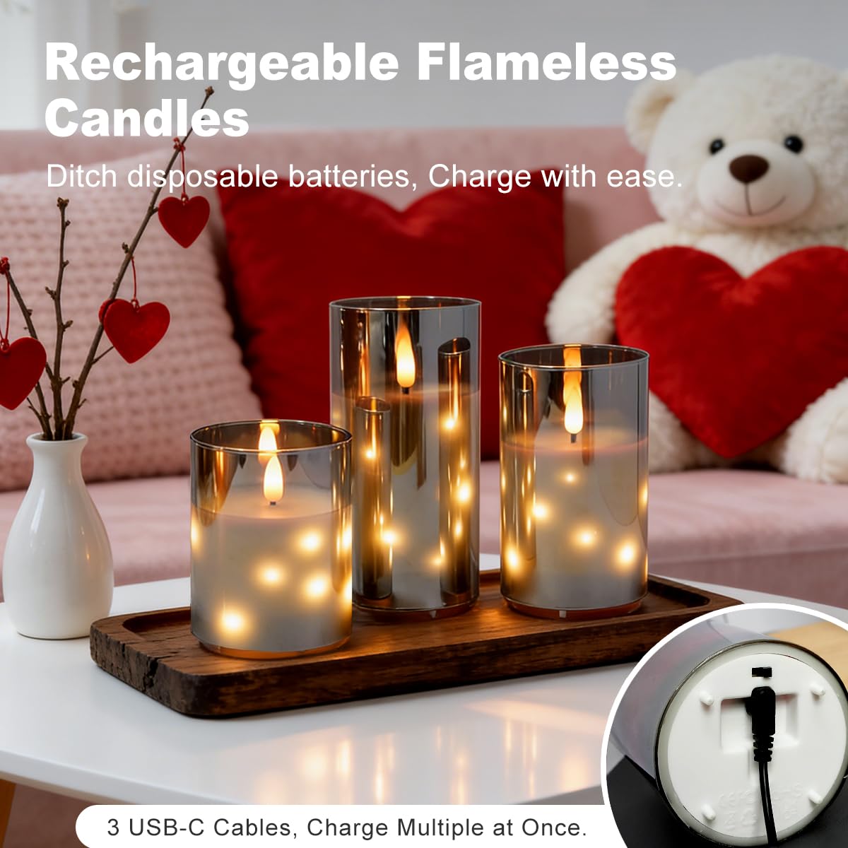 LEDHOLYT Rechargeable Glass LED Flameless Candles, Embedded Star String Flickering Flameless Candles for Romantic Ambiance and Home Decoration with Remote & Timer(Gray)