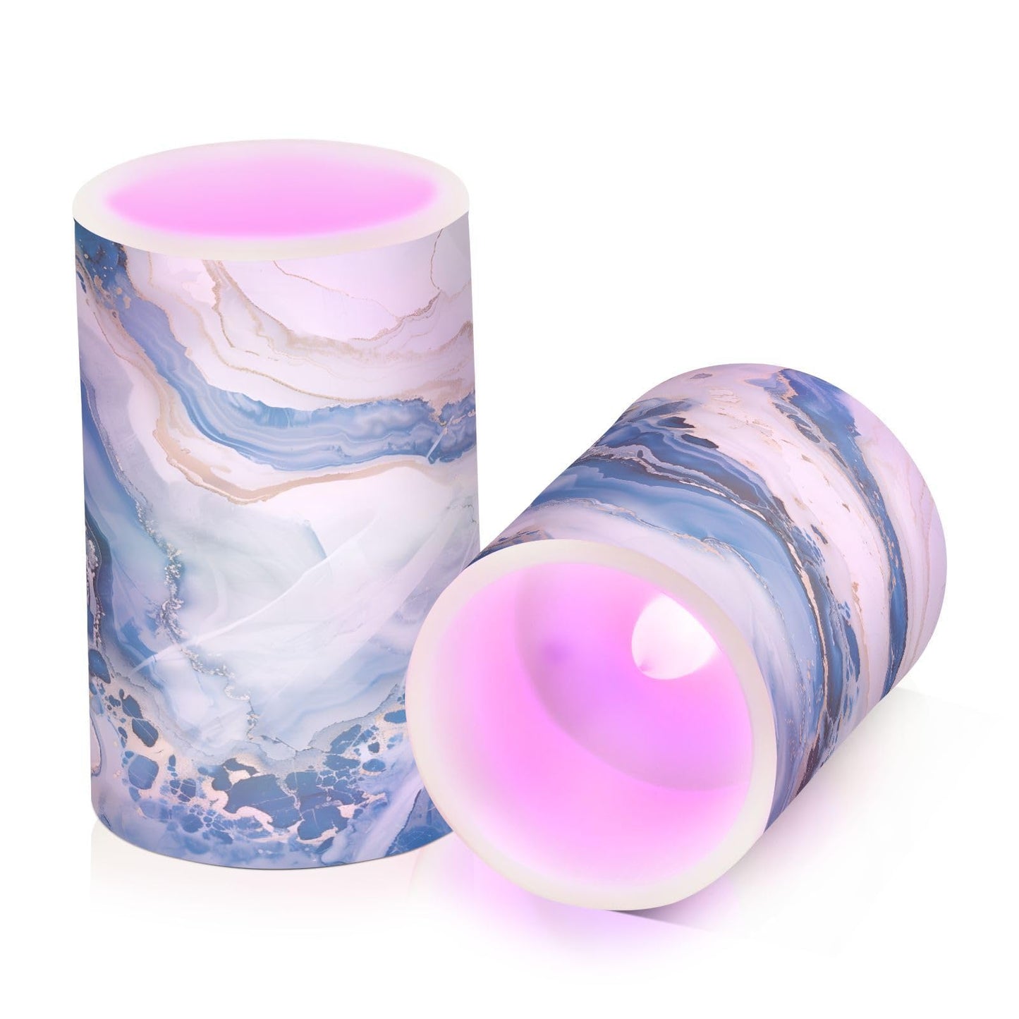 ALAZA White Blue Marble Flickering Flameless Candles Pillar Led Candles Battery Operated Candles with Remote and Timers Set of 2