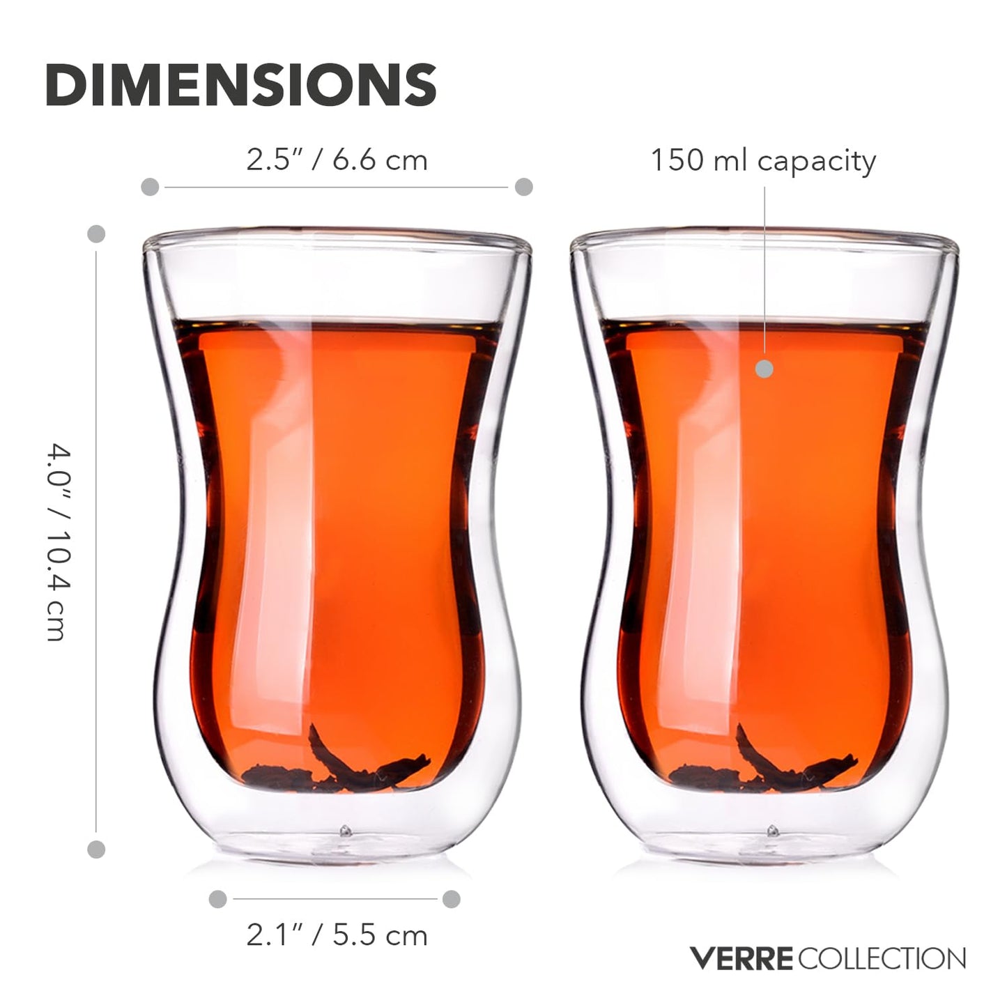 Verre Collection Turkish Tea Cups 4.25 oz, Lightweight Turkish Tea Glasses, Heat Resistant Double Wall Tea Cups, Insulated Turkish Tea Set of 2