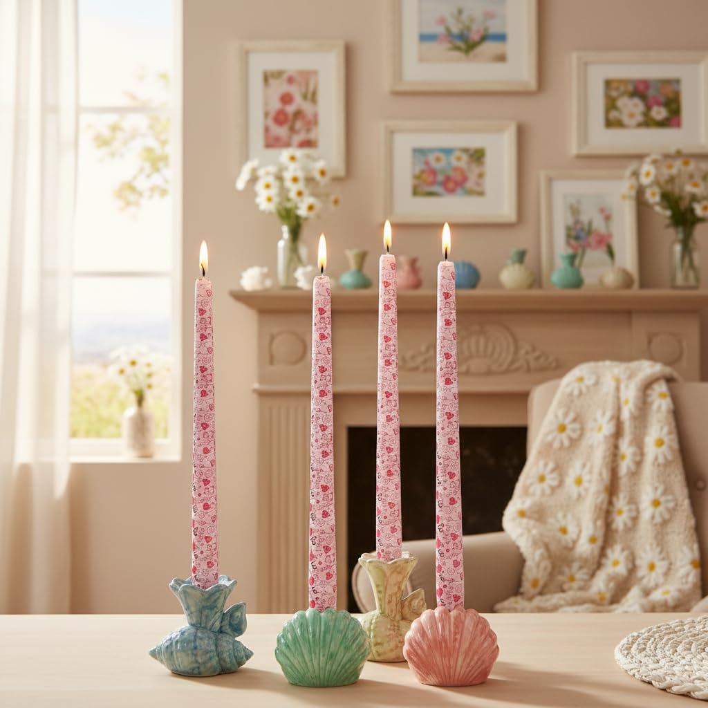 10 Inch Printed Candle Love Pattern Smokeless Unscented Candle Sticks Suitable for Anniversary Express Love Evening Wedding, Bohemian Seaside Theme Home Decor, 4 Pack