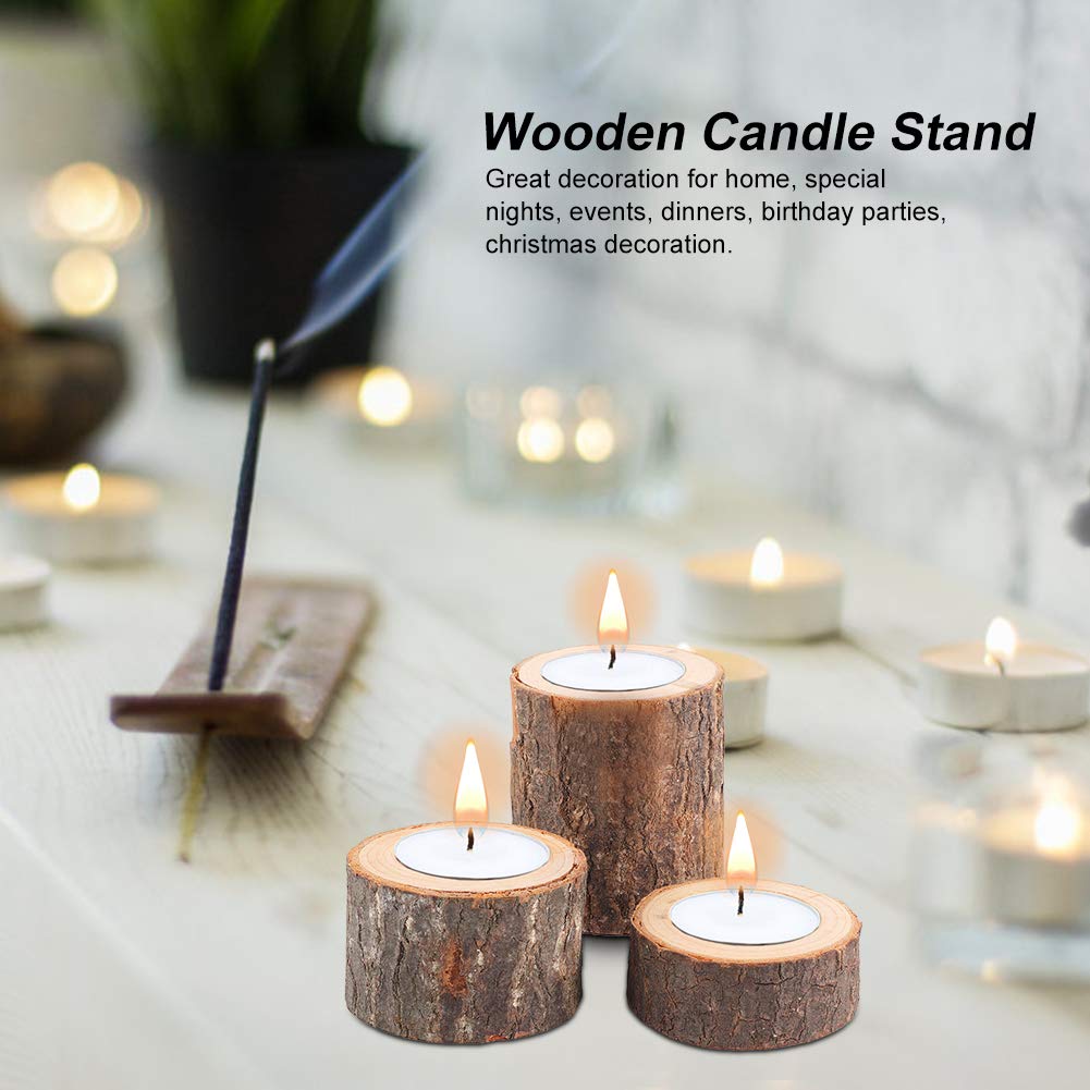 3PCS Wooden Tealight Candle Holder, Birch Logs Candle Holder Stand Wood Votive Tealight Holder Candlestick Centerpiece for Rustic Wedding Party Birthday Holiday Decor