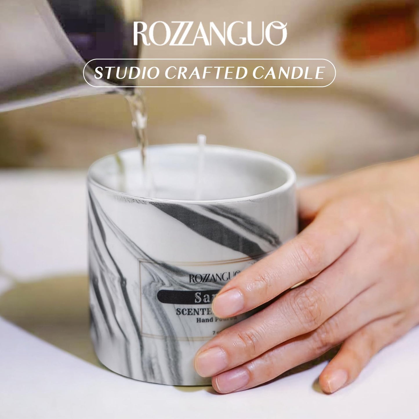 Rozzanguo Luxury Marble Jar Scented Candle | Women Men | Non Toxic 100% Natural Coconut & Soy Wax Blend Cotton Wick | Hand Poured Highly Scented Long Lasting (Santal, 7 Ounces)