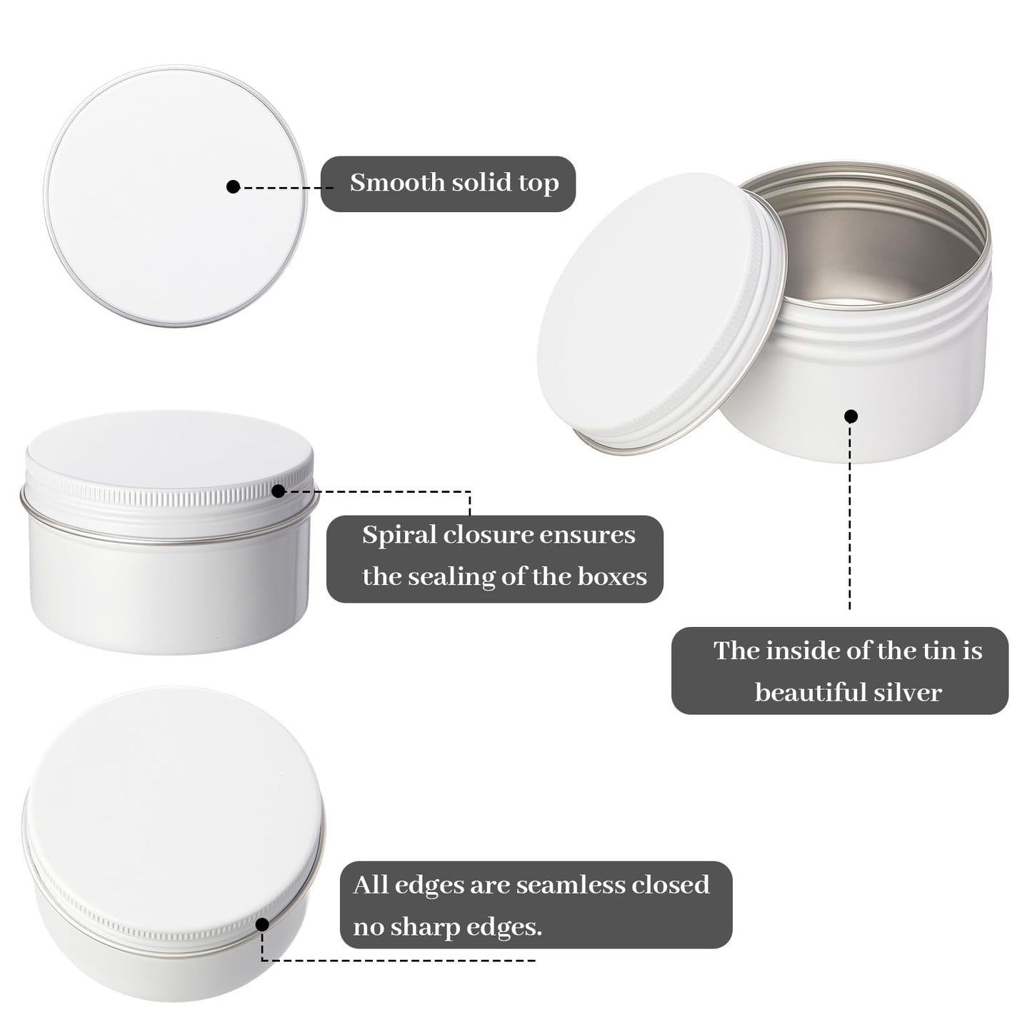 Patelai 36 Pcs 4 oz Metal Round Tins Aluminum Tin Cans Salve Tins Containers with Screw Lid 10 Sheets Stickers for Salve Spice Candies Balms Candles(White)