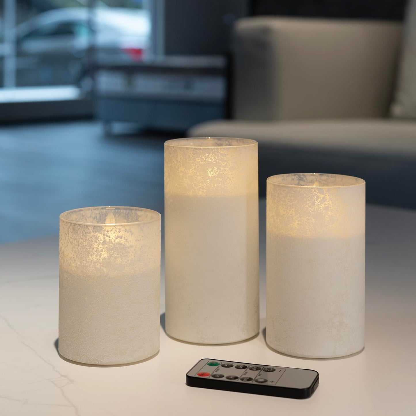 ANGELLOONG White Candles Battery Operated, White Flameless Candles with Remote, Set of 3 Spring Electric Fake LED Pillar Candle in Glass for Home Decor Wedding Decoration