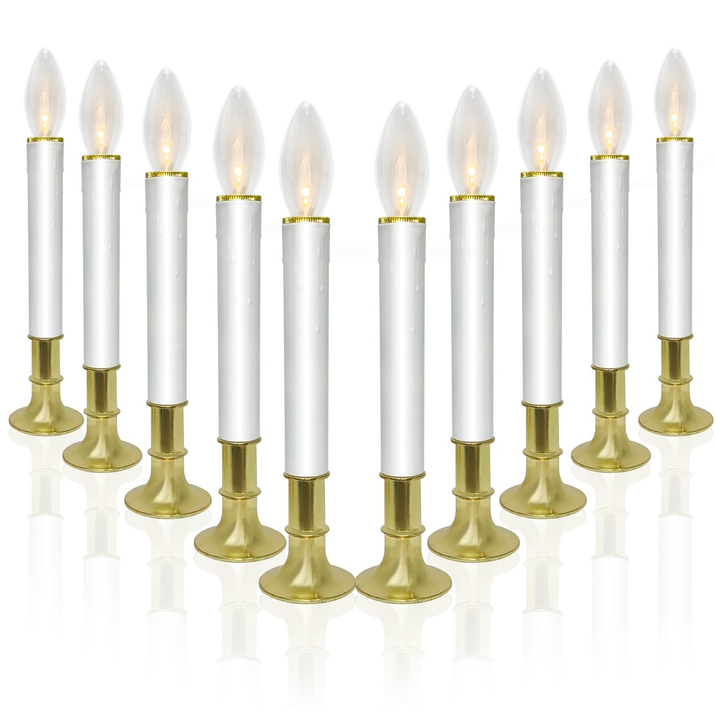 10 Pack Ultra-Bright LED Christmas Window Candles with Brass-Plated Base, Battery Operated Flameless Candles with LED C26 Warm White Bulbs Christmas Window Lights for Holiday Home Wedding Decorations