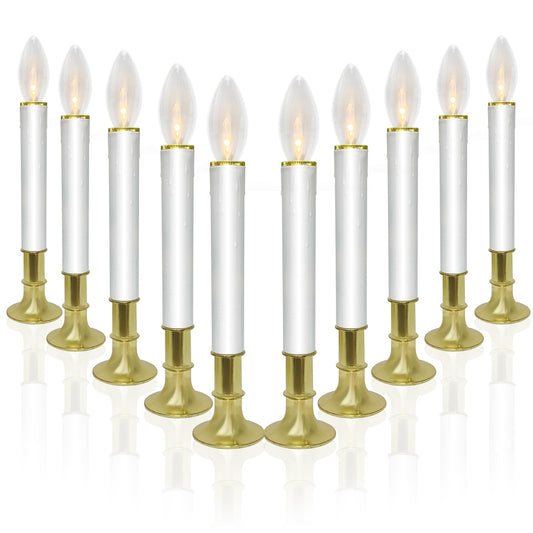 10 Pack Ultra-Bright LED Christmas Window Candles with Brass-Plated Base, Battery Operated Flameless Candles with LED C26 Warm White Bulbs Christmas Window Lights for Holiday Home Wedding Decorations