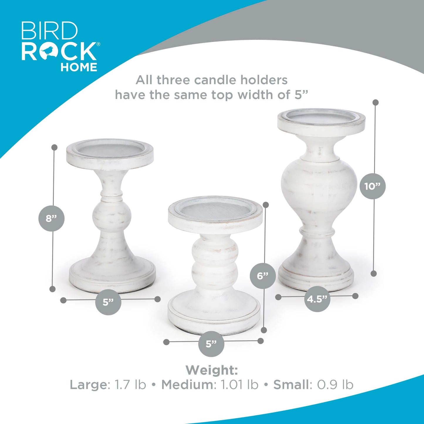 BIRDROCK HOME 3pc Pillar Candleholders - Whitewash - Farmhouse Decor - Wooden Candle Holders - Table Centerpiece - Stand