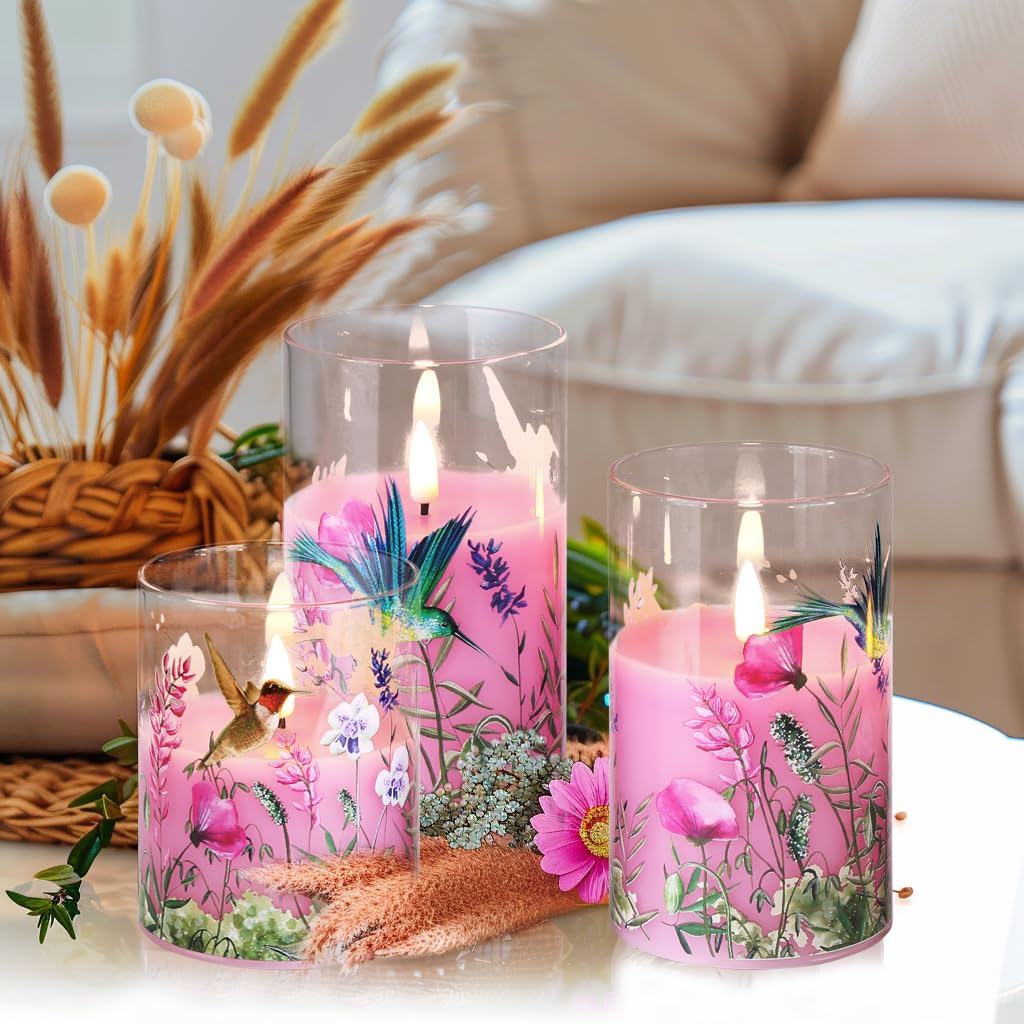 Eywamage Pink Hummingbird Floral Glass Flameless Candles with Remote, Flickering Battery LED Pillar Candles Set of 3, Spring Home Decor