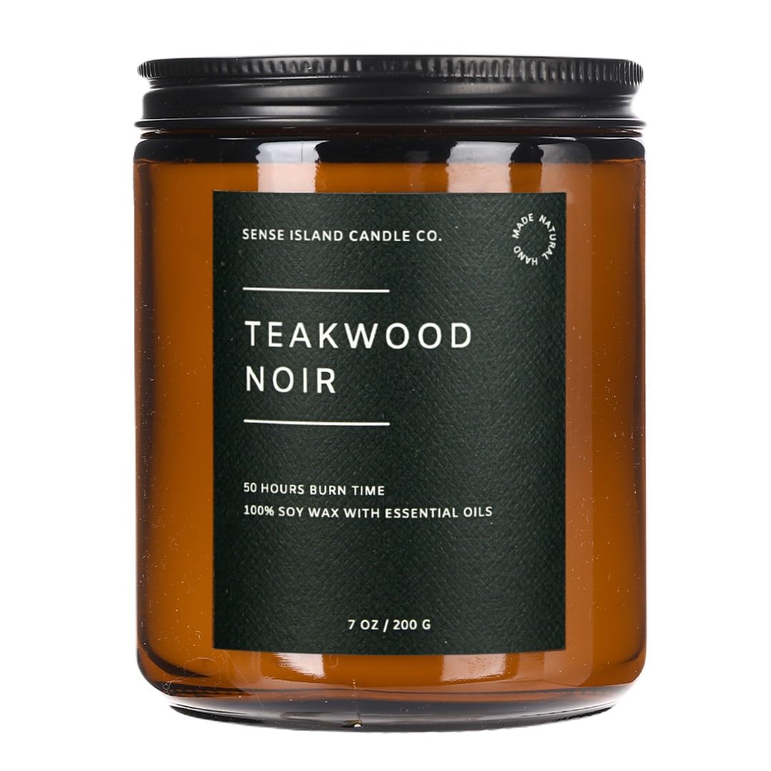 Teakwood Noir Mahogany Crackling Wood Wick Candle for Men – Strong Masculine Scent, 100% Soy, 50-Hour Burn – Luxury Scented Candle with Crackling Wooden Wick for Home, Office, Gifts