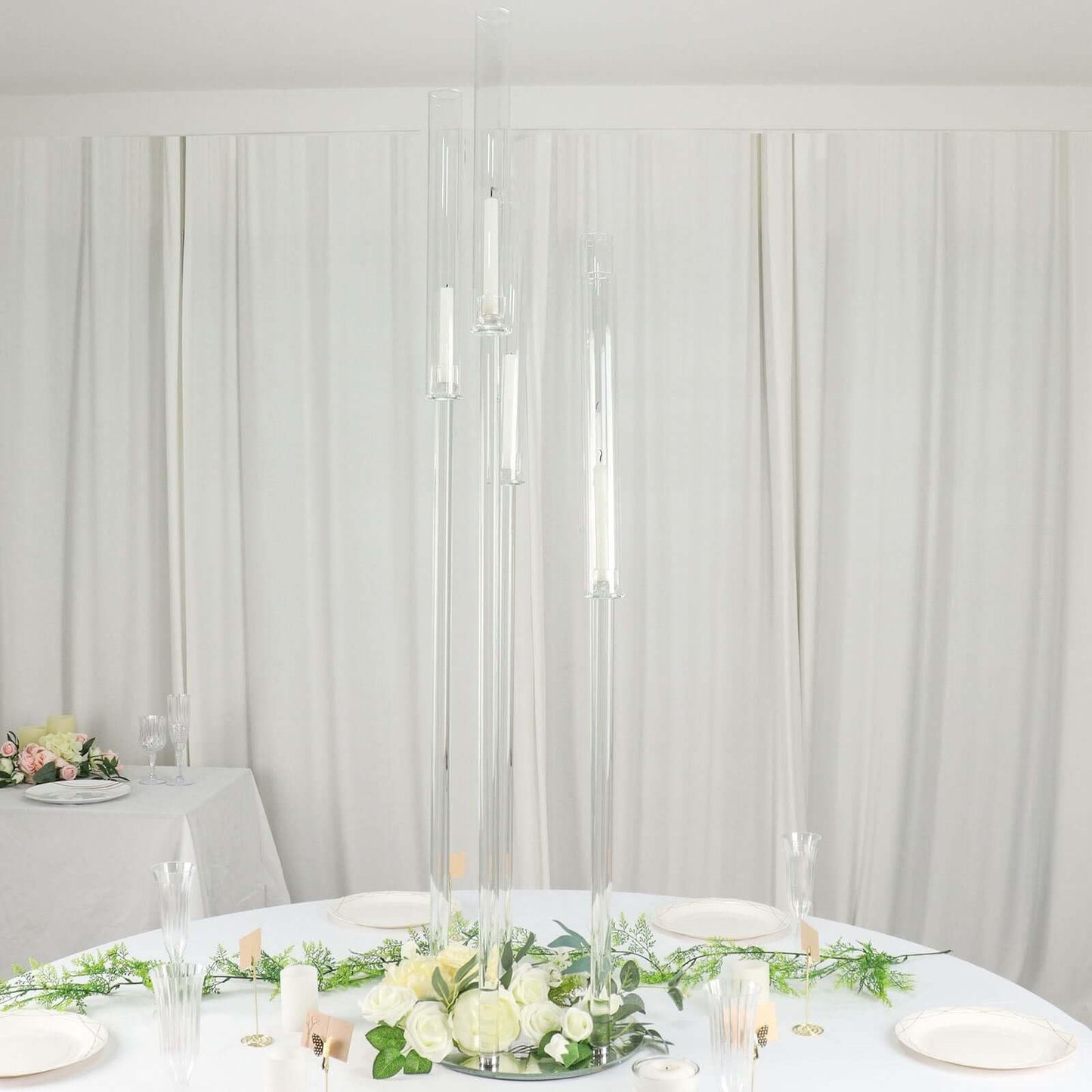 Efavormart 51" Clear 5-Arm Crystal Round Cluster Taper Candelabra Candle Holders, Votive Pillar LED Candle Holders with Round Mirror Base