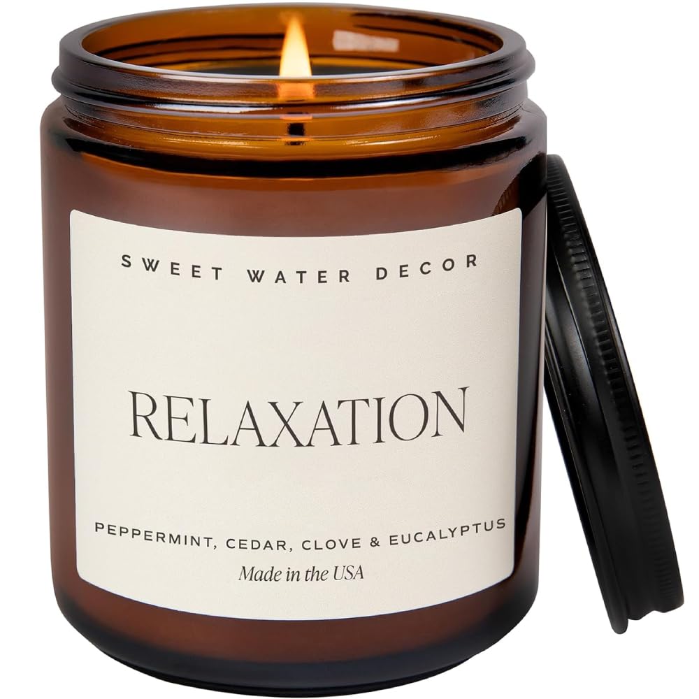 Sweet Water Decor Relaxation Candle - Soy Eucalyptus, Peppermint, and Clove Scented Spa Candles for Home - 9oz Amber Jar + Black Lid, 40+ Hour Burn Time, Made in the USA