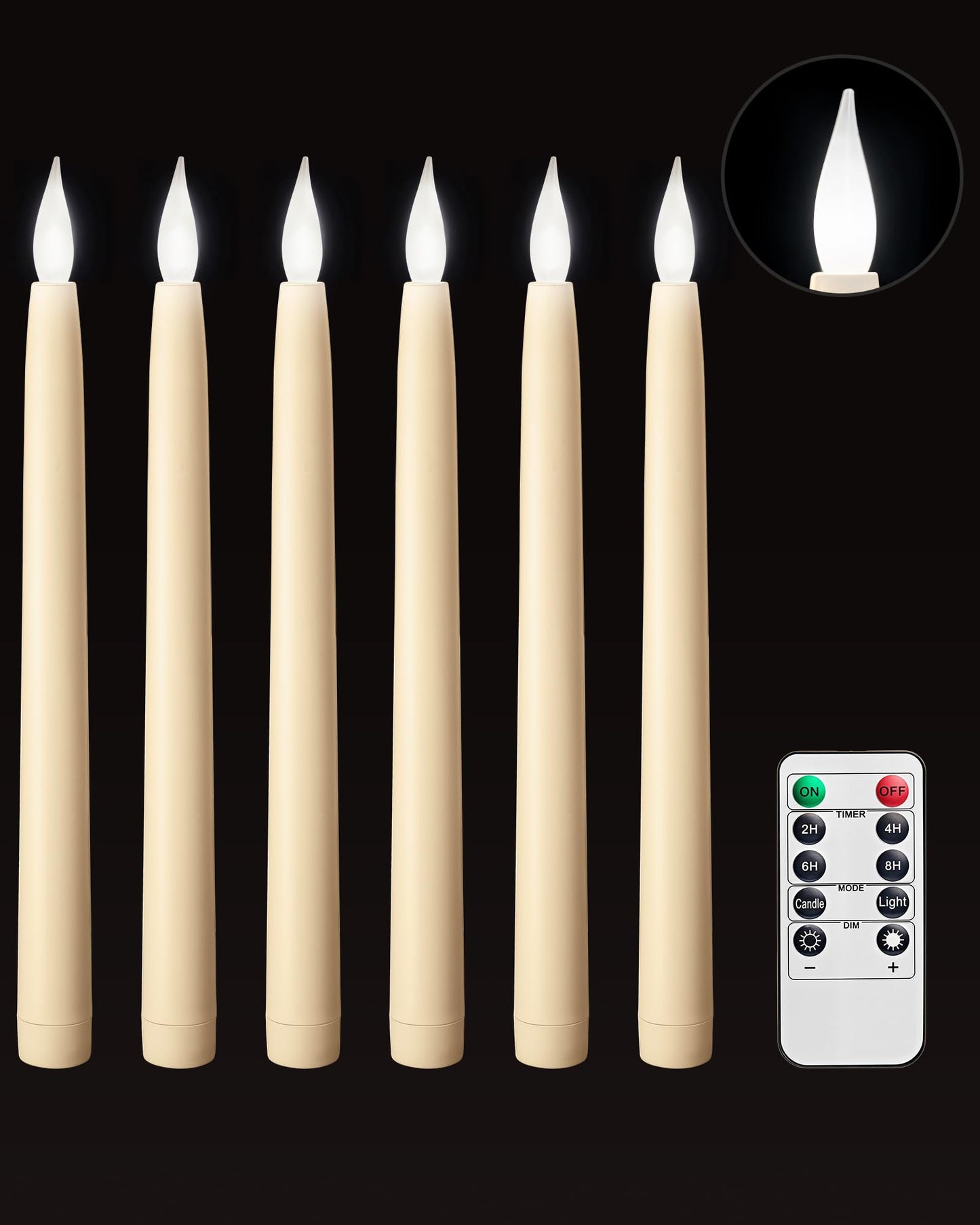 SURAIELEC 10.5'' Flameless Ivory Taper Candles, Battery Operated Candle with Remote, Timer, Dimmer, 5000K Cool Clear White, Realistic LED Candle for Party, Halloween & Christmas Decoration, 6 Pack