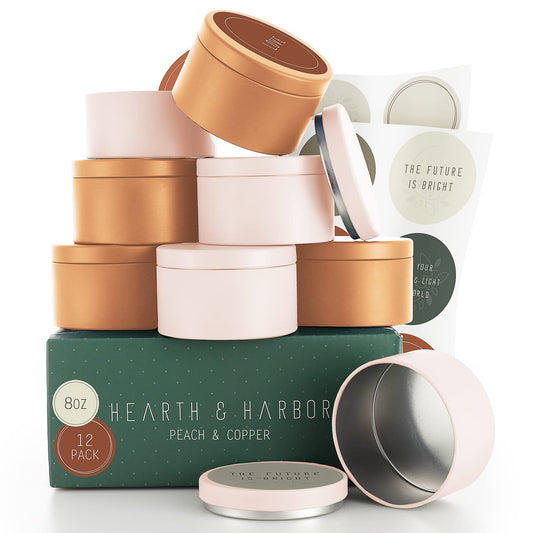 Hearth & Harbor Tin Candle Jars for Making Candles - DIY Candle Containers with Lids - Metal Candle Jars - Bulk Tins Storage for Candle - (12 Pieces) - (8 Ounces) - Solid Peach and Copper