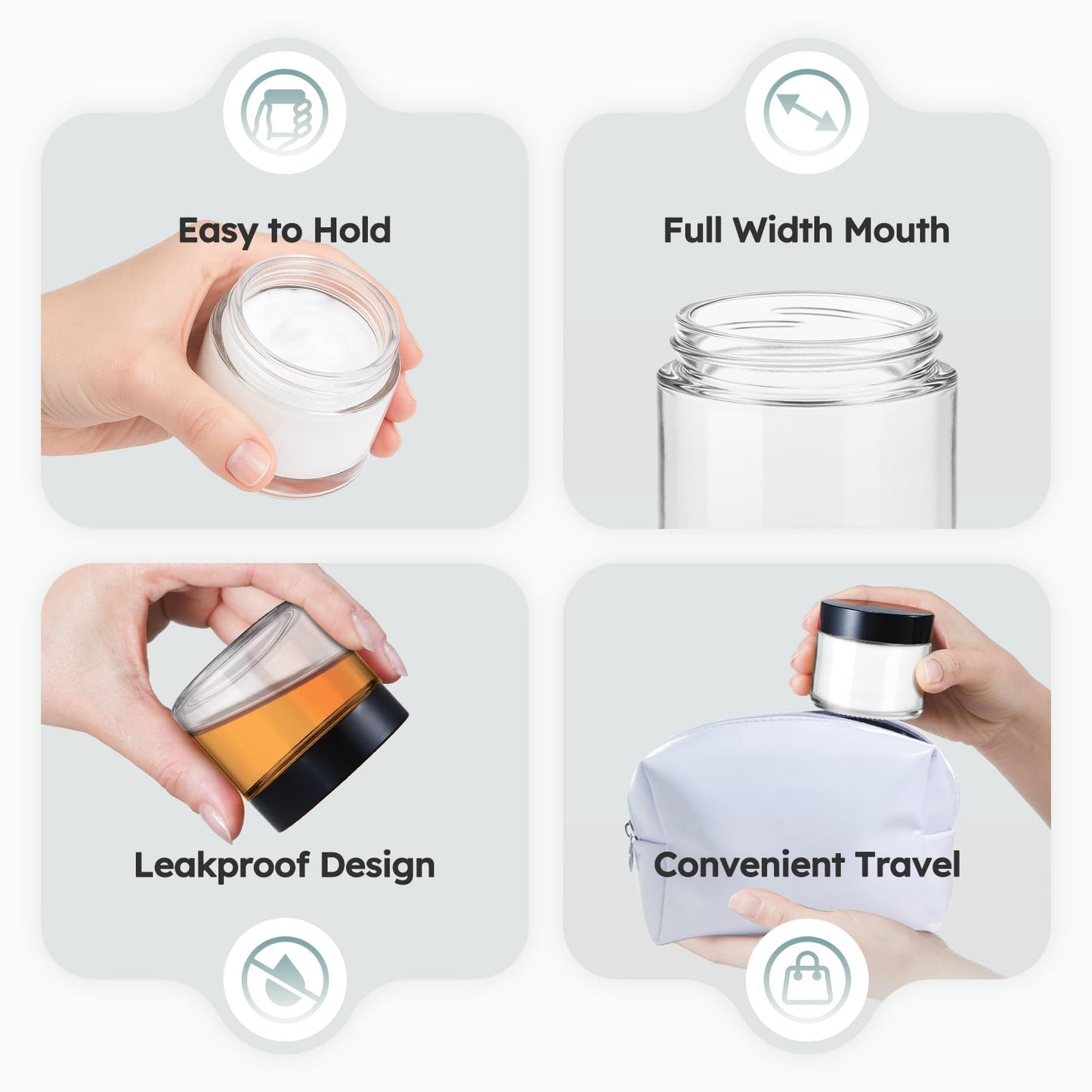 2 oz Glass Jars with Lids, 36 Pack Clear Small Glass Jars with Black Lids Leakproof Round Airtight Empty Cosmetic Travel Containers with Inner Liners For Lotions Powders and Candle Making