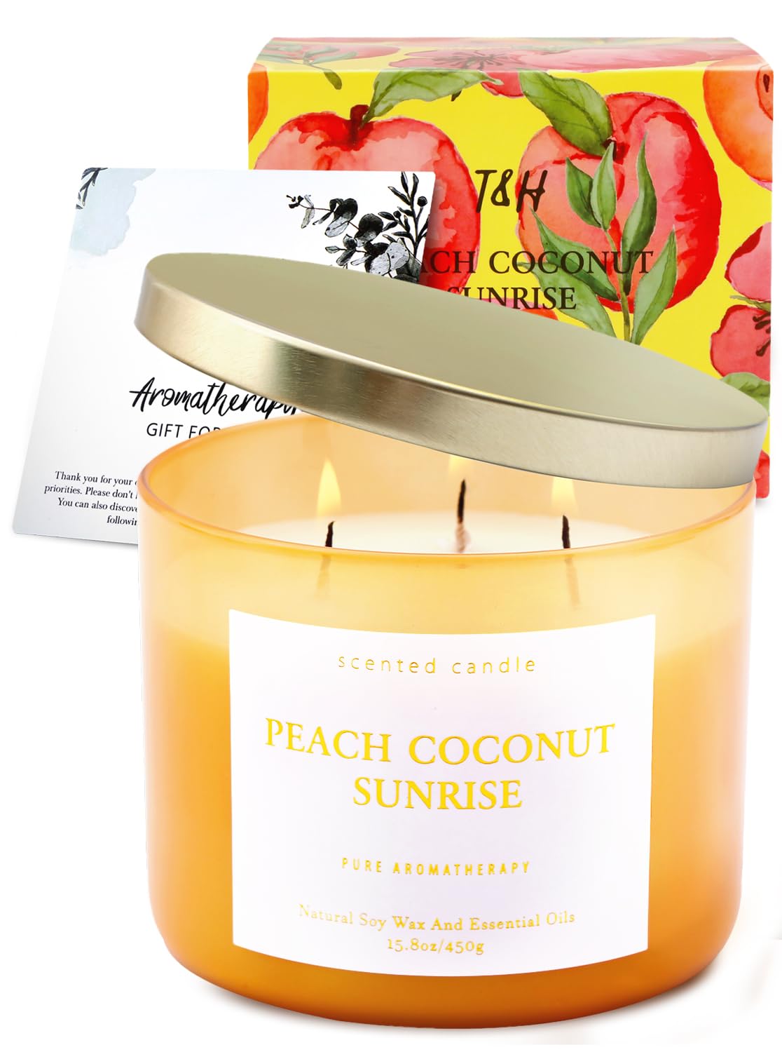 Peach Coconut Sunrise 3-Wick Soy Candle | 15.8 oz Large Aromatherapy Candle for Home | Clean Burn Long Lasting | Tropical Fruit Scent | Gift Ready