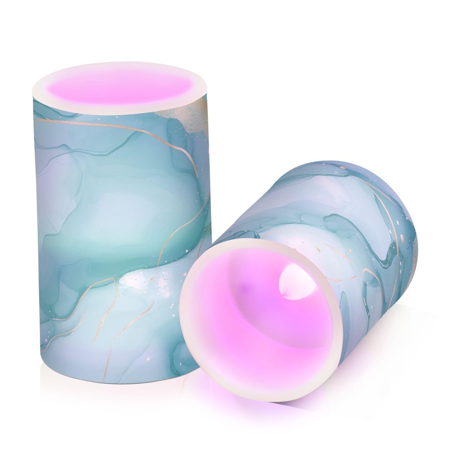 WEVIBOFU Turquoise Green Marble Flickering Flameless Candles LED Battery Operated with Remote Timer Pillar Candles for Home Birthday Wedding Christmas Decor, Set of 2