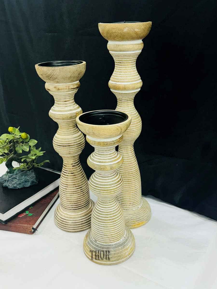 White Washed Hand Carved Wooden Pillar Candle Holders - Set of 3 | Chennai Decorative Style | Crafted from Mango Wood | Rustic Table Centerpiece Decor | Sized 18", 15" and 12"