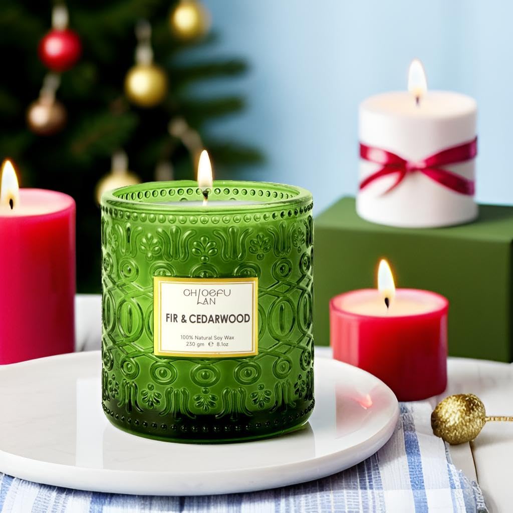 Chloefu LAN Fir & Cedarwood Scented Candle Gift, Christmas Festival Candles, Large Luxury Scented Soy Jar Candle with up to 55 Hour Long Lasting, Highly Scented, 8.1ozs