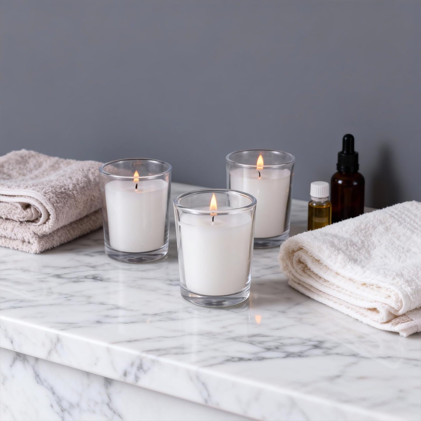 flamecan 24 Pack Clear Glass Filled White Votive Candles. Unscented Votive Candles for Home Décor Spa Weddings Birthdays Holidays Party