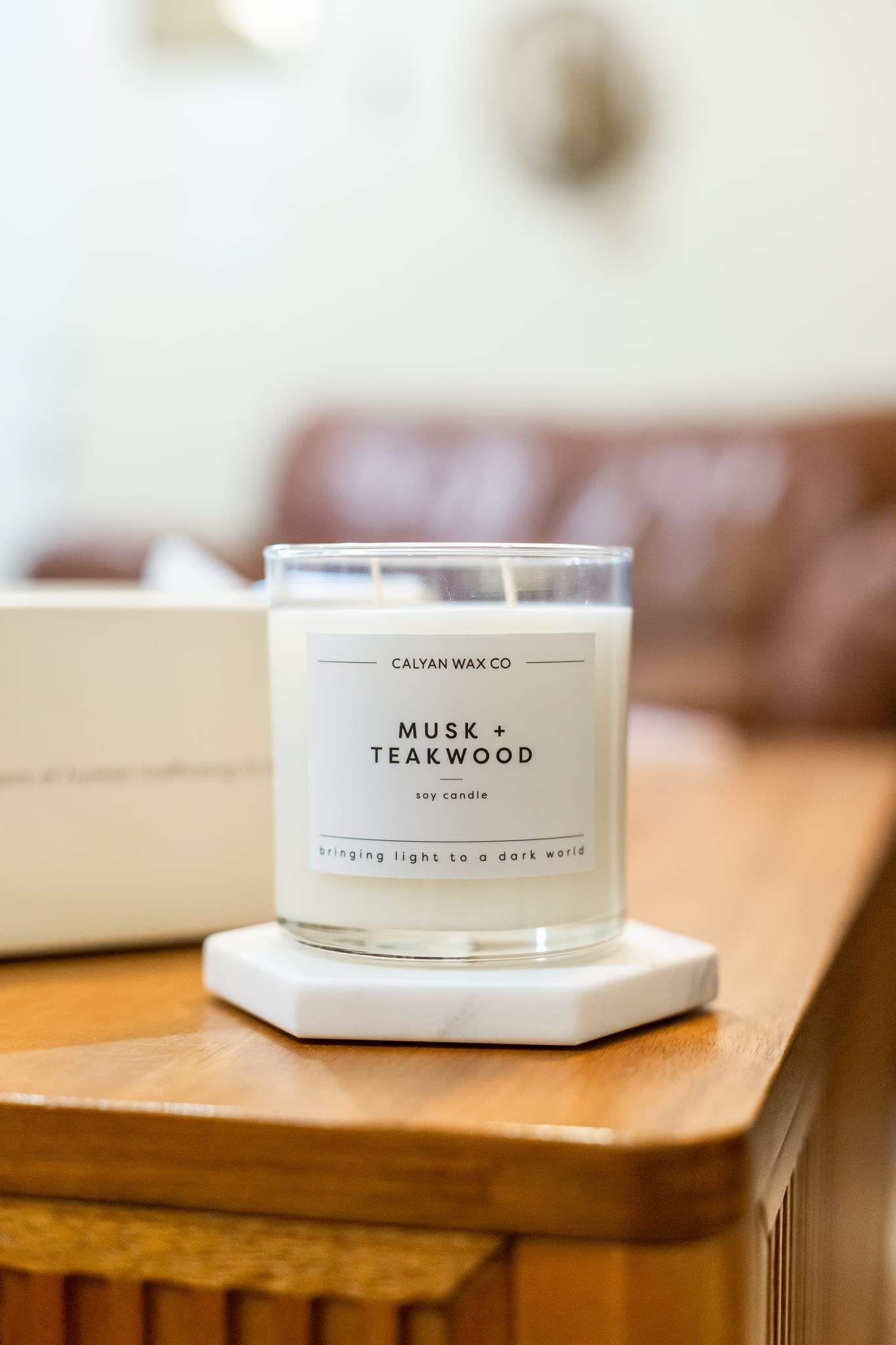 Calyan Wax Co. Musk & Teakwood 2 Wick Scented Candle - 37 Hour Burn - Luxury Clean Soy Wax Candles - Long Lasting Large Glass Jar Candle for Home - 8.8oz