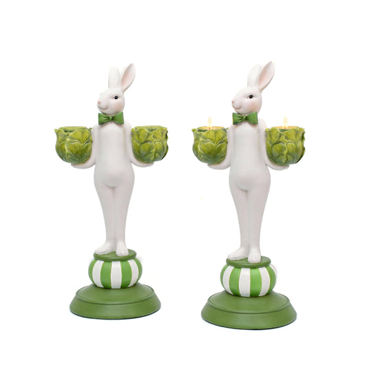 Lune cle Bunny Candle Holders Set of 2, Hand-Painted Rabbit Figurines Home Decor, Vintage Taper Candlestick Holders Centerpiece for Dining Room Table, Cottagecore & Regencycore Aesthetic Room Decor