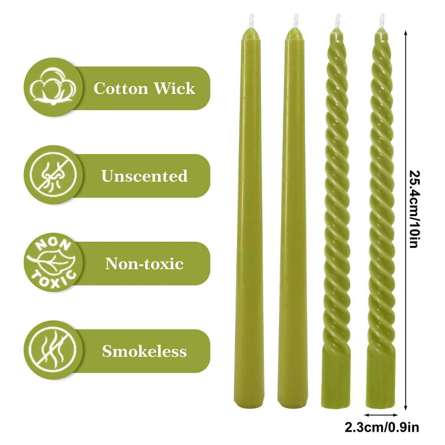 Whaline 6 Pack Olive Green Taper Candles and 6 Pack Spiral Candles Set 10 Inch Elegant Dripless Twisted Wax Candle Long Unscented Candlesticks for Spring Wedding Dinner Party Home Table Decor