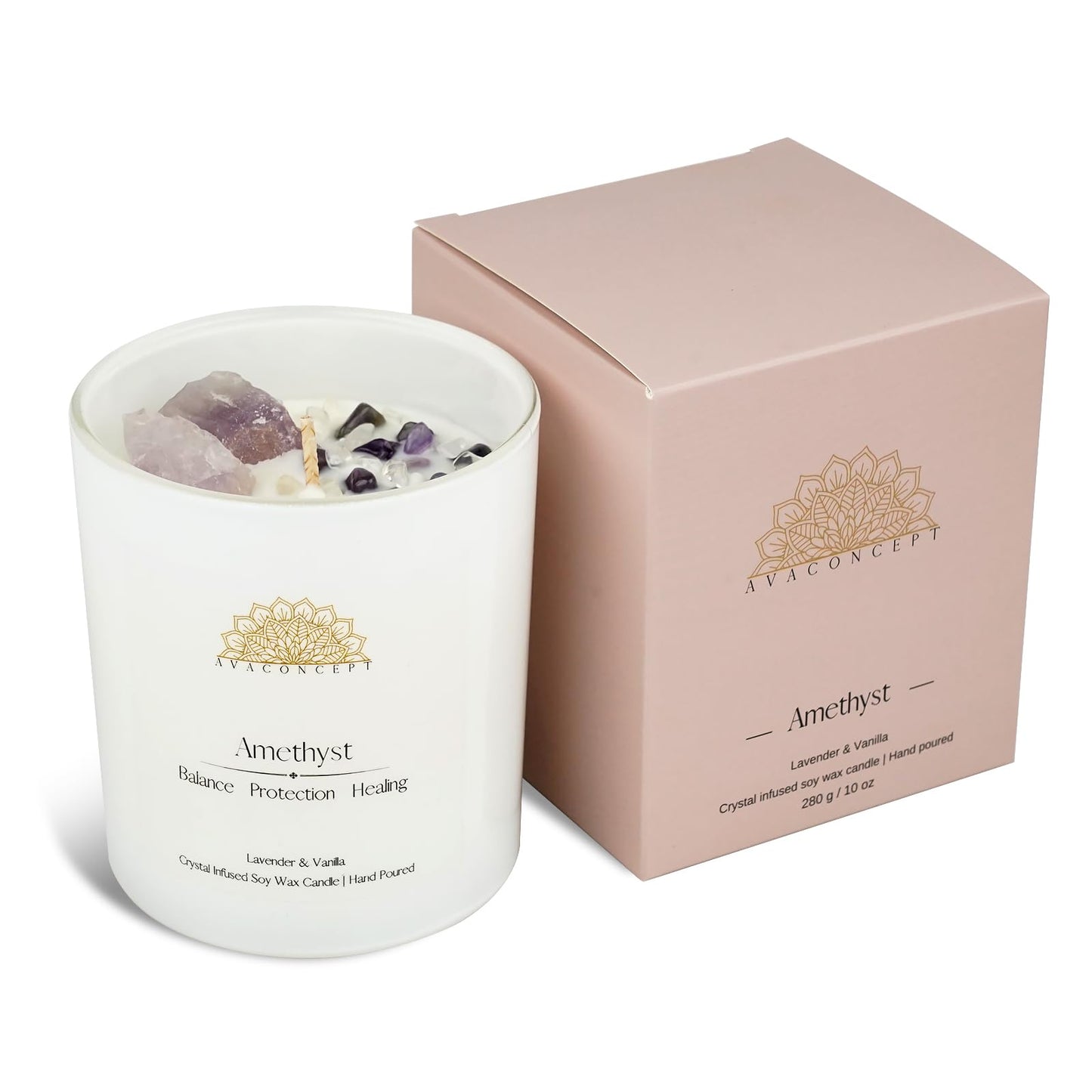 AvaConcept Amethyst Crystal Candle – 10oz / 280g | Lavender & Vanilla Aromatherapy | Hand-Poured Soy Wax | Genuine Healing Crystals Embedded | Balance, Protection & Healing | Pink Gift Box Included