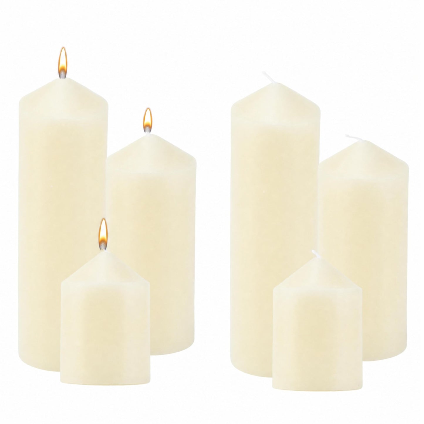 6 Pcs Individually Wrapped Pillar Candles Bulk, 2x3 2x6 2x8 Inch, Unscented Dripless Smokeless, Hurricane Candles for Wedding Party, Spa, Home Decor (6 Ivory Pointed-tip, 2 x 3/6/8 Inch)