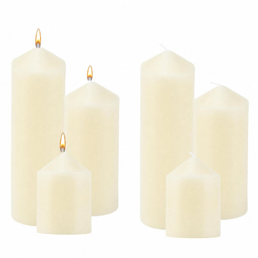 6 Pcs Individually Wrapped Pillar Candles Bulk, 2x3 2x6 2x8 Inch, Unscented Dripless Smokeless, Hurricane Candles for Wedding Party, Spa, Home Decor (6 Ivory Pointed-tip, 2 x 3/6/8 Inch)