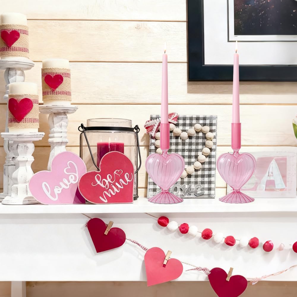 NEEDOMO Valentines Day Decorations, Set of 2 Pink Heart Glass Candlestick Holders for Valentines Decor, Taper Candle Holders Table Centerpieces for Romantic Wedding Party Mantel Decor