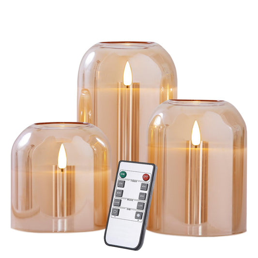 volnyus Gold Glass Flameless Candles with Remote Battery Operated Flickering LED Pillar Candles Real Wax 3D Wick Φ4 H 4" 5" 6"