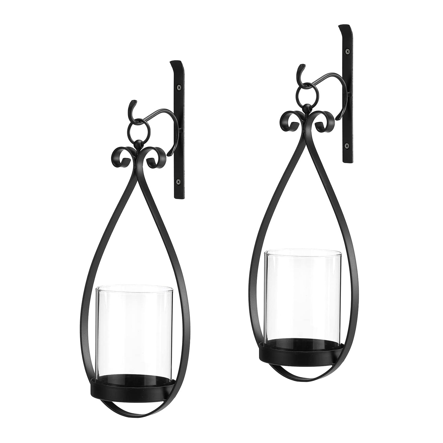 Wisiron Hanging Water Drop-Shaped Wall Sconce Wall Mounted Hurricane Candle Holder Glass & Metal Farmhouse Handcrafted Wall Art Decorations, Black Set of 2 HT21-0204B2