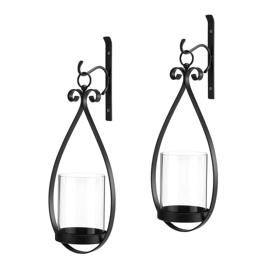 Wisiron Hanging Water Drop-Shaped Wall Sconce Wall Mounted Hurricane Candle Holder Glass & Metal Farmhouse Handcrafted Wall Art Decorations, Black Set of 2 HT21-0204B2