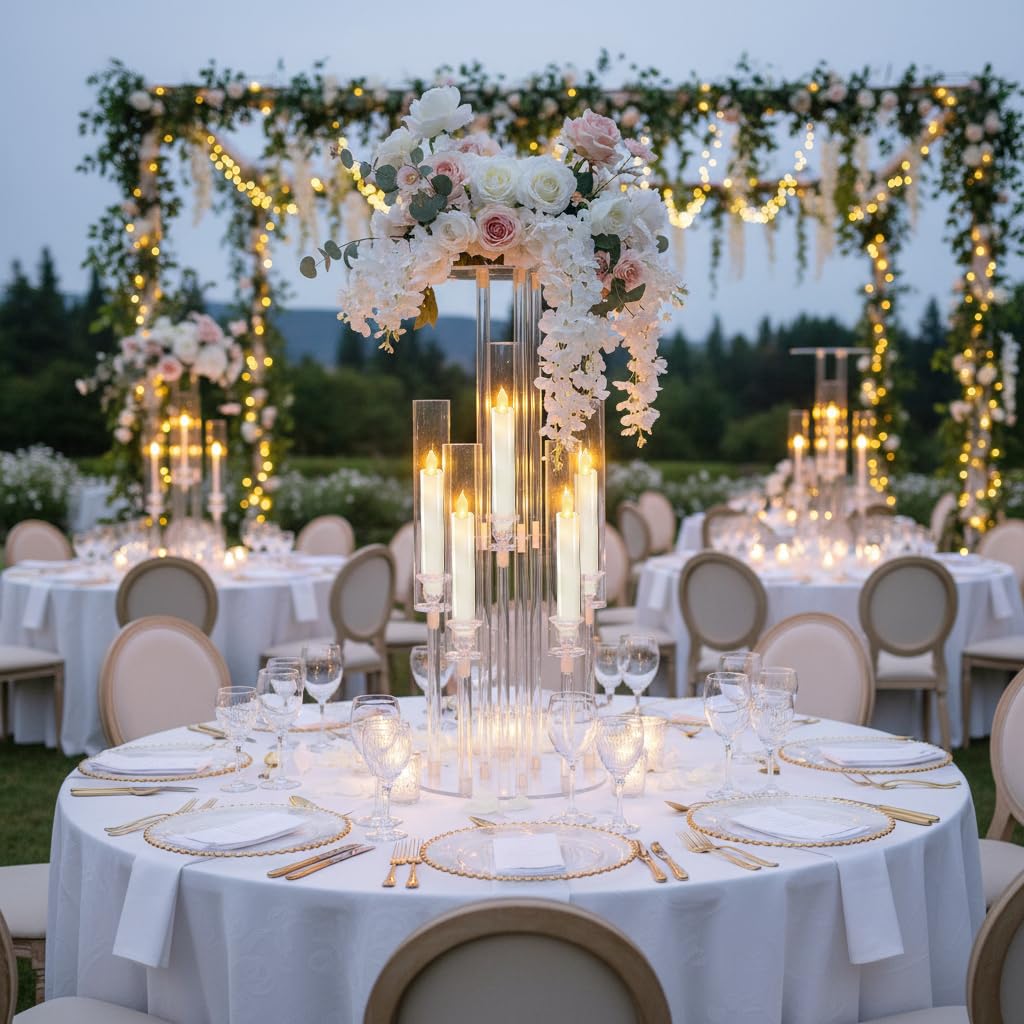 4PCS Acrylic Candelabra Centerpieces for Tables,2-in-1 Clear 5 Arm Candelabras &Flower Stand for Wedding Centerpieces,Acrylic Centerpieces Stand for Birthday Party Event Decor Fit LED Candle