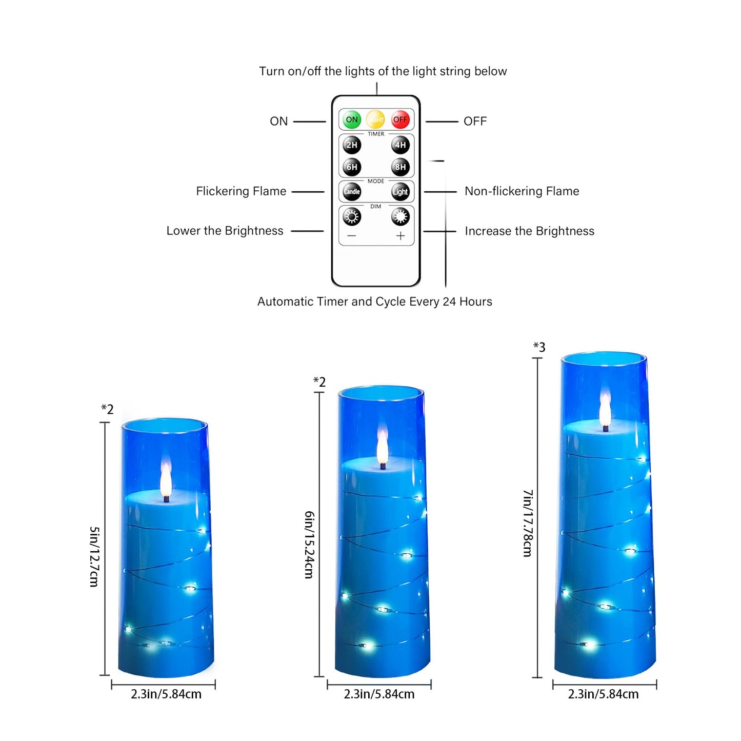 Flameless Candles,with Embedded Star String, Battery Operated Candles Flickering LED Pillar Candles with Remote Control and Timer, Home Decoration Add a Warm and Romantic Atmosphere，Set of 7 (Blue)