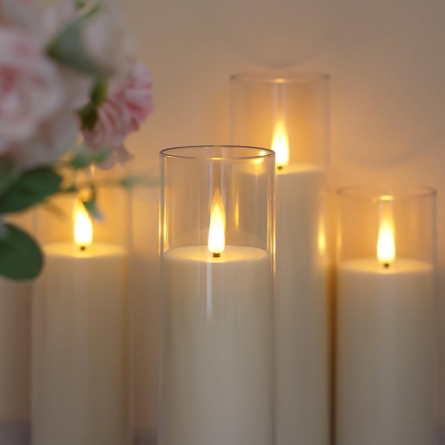 Yeelida Acrylic Flameless Flickering Candles with Remote Control and Timer, Battery Operated LED Fake 2.2" x 5",6",7",8",8" Plastic Pillar Candles for Home Decor(Long-Lasting, Ivory)