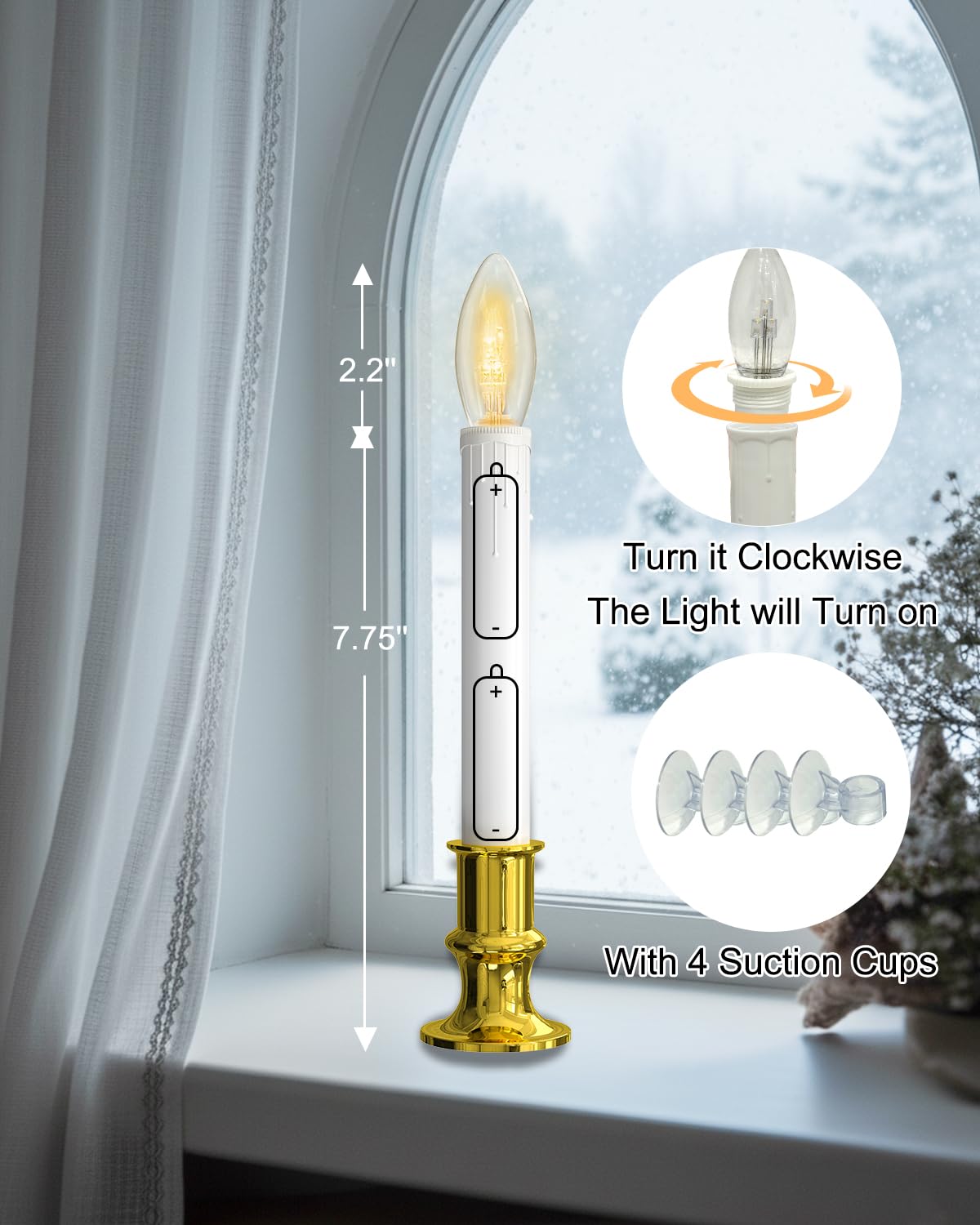 SUNSGNE Battery Operated Window Candles, Flameless Window Candles with Auto Timer for Holiday Home Table Christmas Decor, C26 LED Ultra-Bright Bulbs, 4 Pack, Gold Base