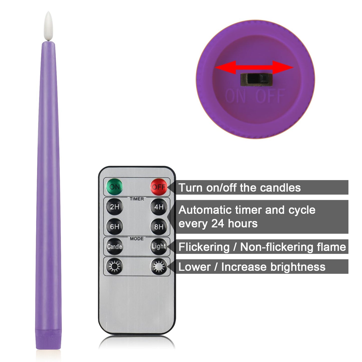 CVHOMEDECO. Flameless Taper Candles with 10-Key Remote, Battery Operated Led Flickering 3D Wick Window Candles Real Wax Finished Home Christmas Party Decor 0.78 x 11 Inch, Pack of 3, Purple