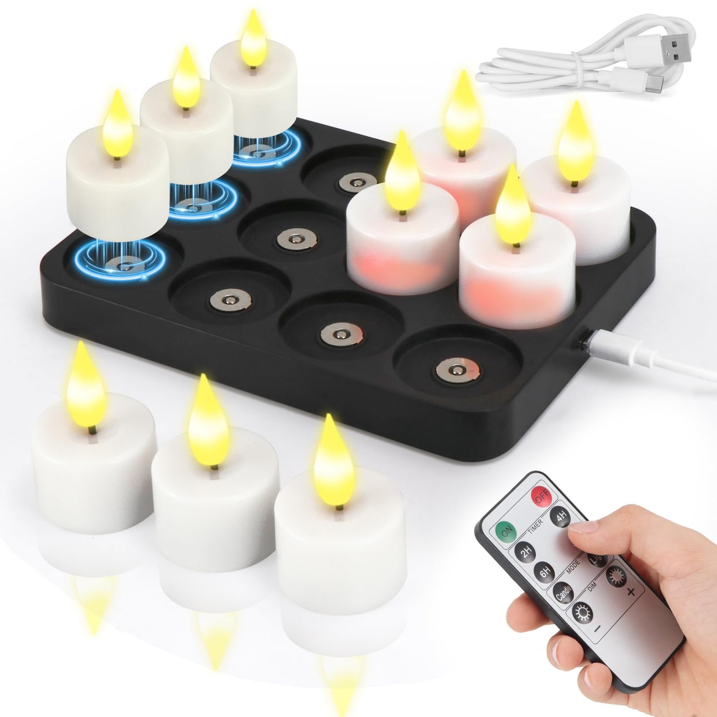 yunsheng Rechargeable Tea Lights Charging Base and Remote Timer, 12Pcs Battery Operated Tea Light, LED Flameless Votive Candles for Home Wedding Party Decor(White)