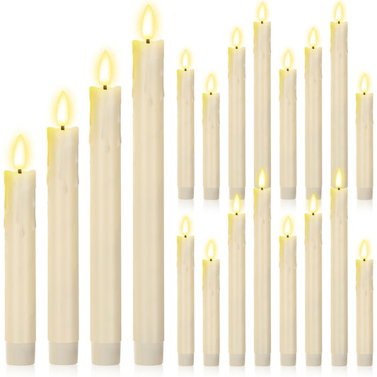 Macarrie 24 Pcs Ivory Flameless Taper Candles LED Battery Operated 6.5'', 7.7'', 8.8'', 10'' 3D Flickering Flame Candlesticks Drip Wax Shaped Candle for Valentine Anniversary Wedding Party Decoration